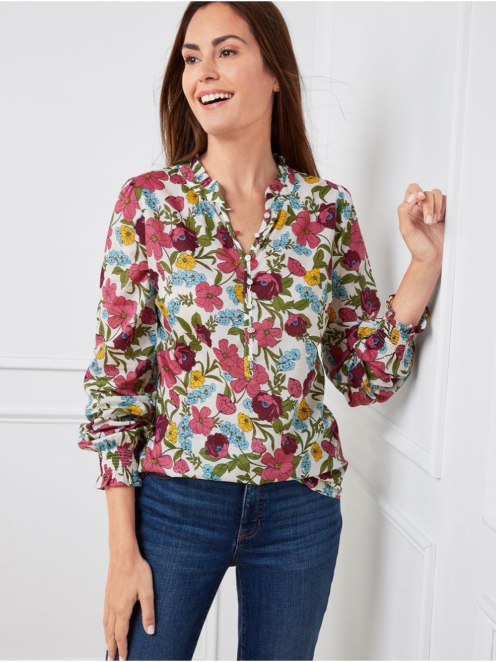 Talbots Plus 3X Floral Blouse Cotton Peasant Top Pink Multicolor Boho